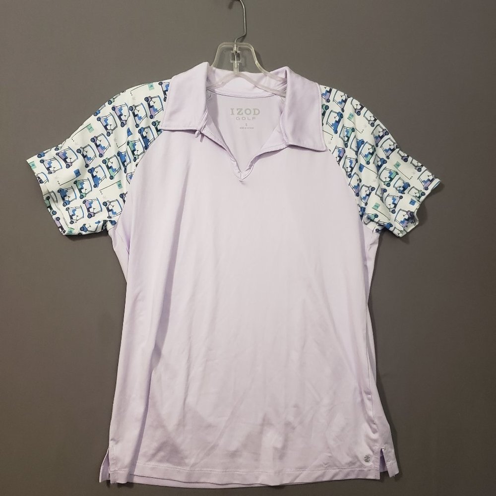 IZOD Golf Womens Short Sleeve Polo Shirt Size Small Lavender Fun Golf Cart Print
